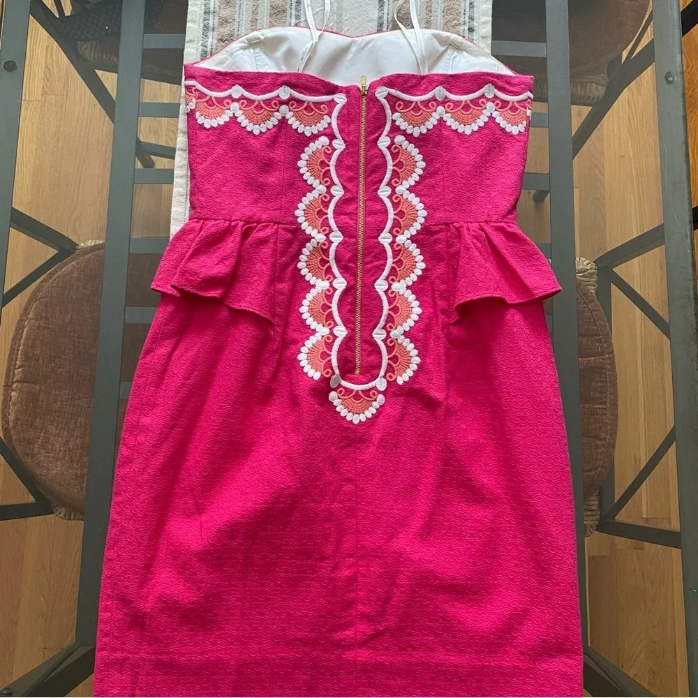 Lilly Pulitzer Azalea Pink Strapless Embroidered Peplum Maybell Dress 4 - Picture 4 of 16